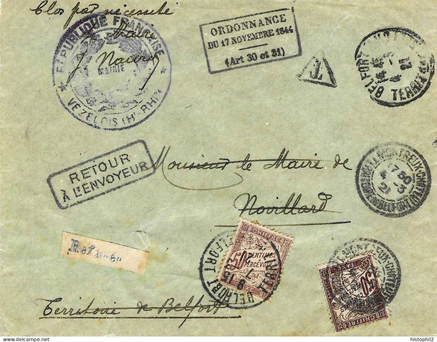 Devant De Lettre Taxée 50c 1921 Maire De Vézelois Pour Celui De Novillard Terr De Belfort Griffe Ordonnance 17 Nov 1844 - 1859-1959 Lettres & Documents