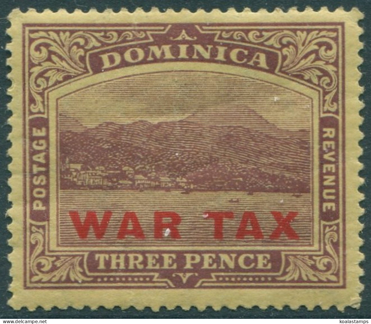 Dominica 1918 SG58 3d Purple/yellow KGV Roseau WAR TAX Red MLH (amd) - Dominica (1978-...)