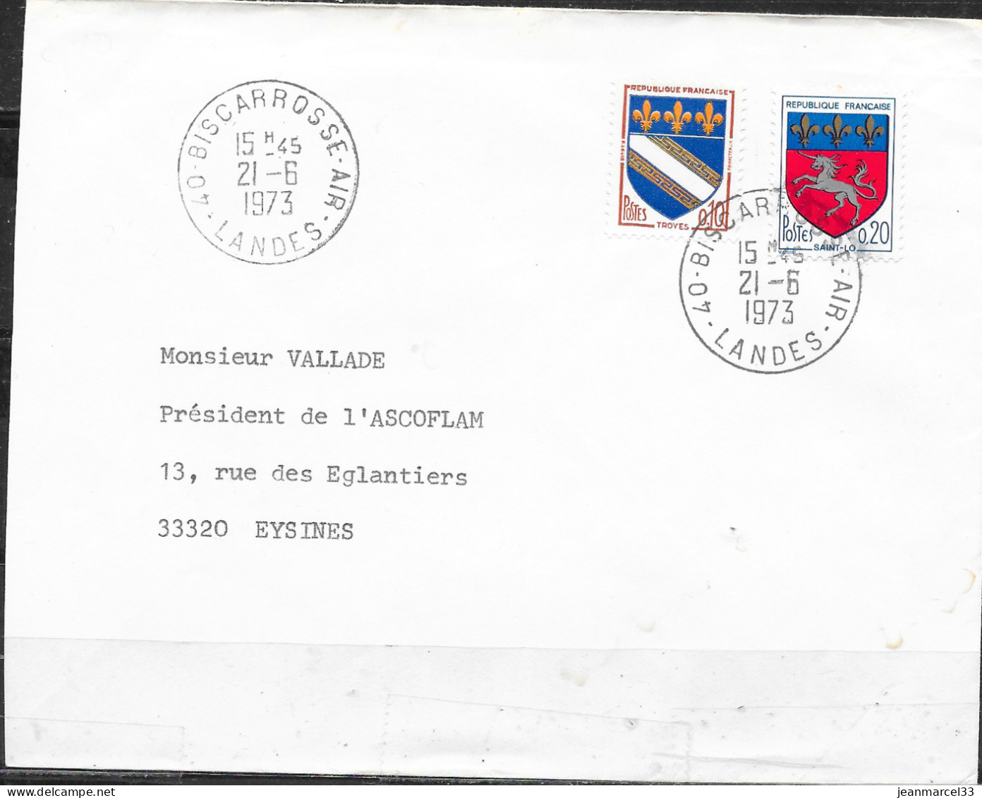 Cachet Manuel 40-Biscarrosse-Air 2I-6 I973 Sur Timbre FM Ordinaire - Poste Aérienne Militaire