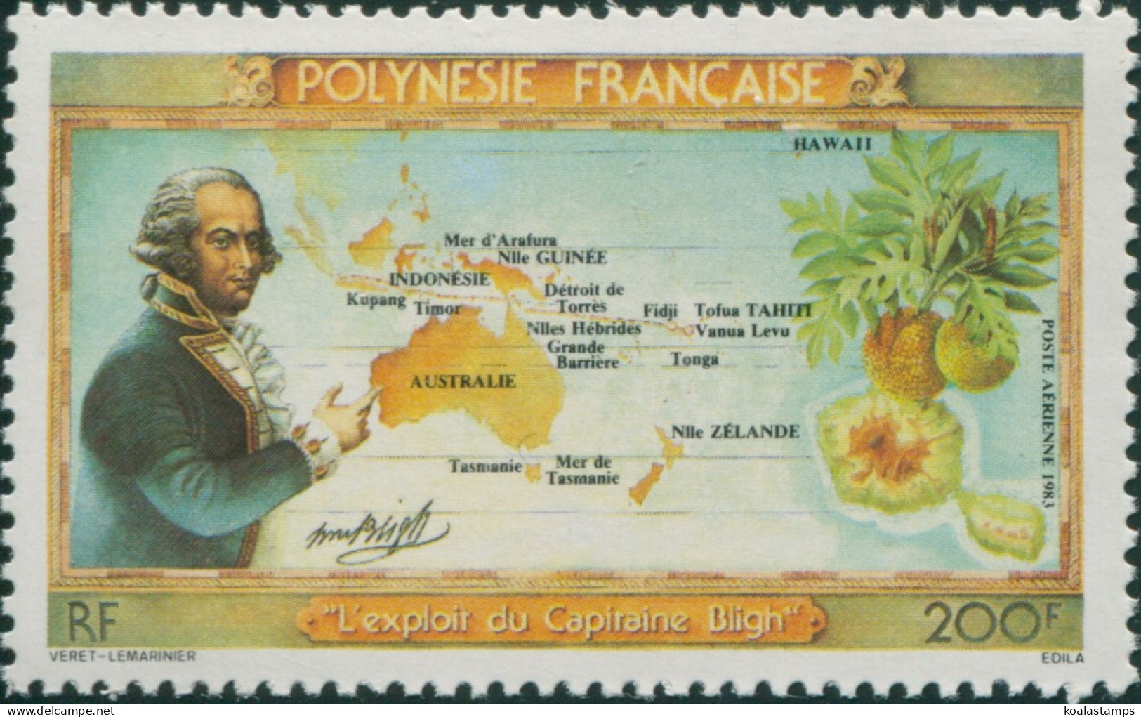 French Polynesia 1983 Sc#C199,SG397 200f Bligh, Map And Breadfruit MNH - Other & Unclassified