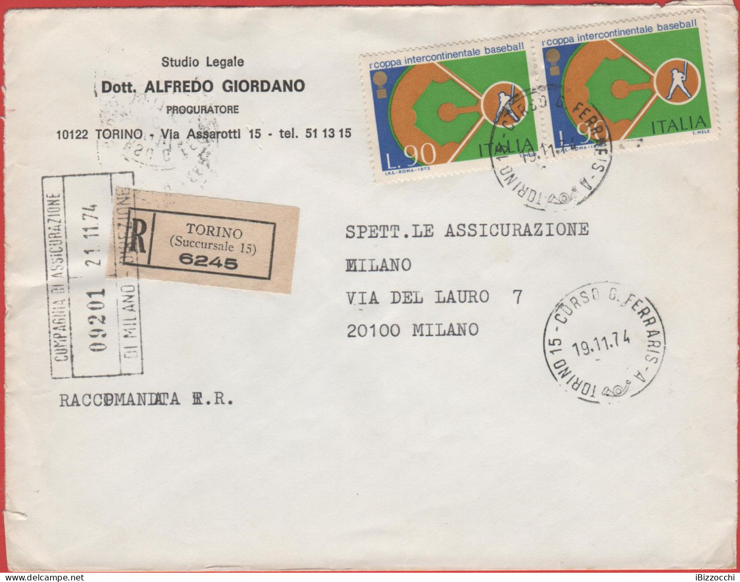 ITALIA - Storia Postale Repubblica - 1974 - 2x 90 1ª Coppa Intercontinentale Di Baseball; Battitore Di Baseball - Raccom - 1971-80: Poststempel