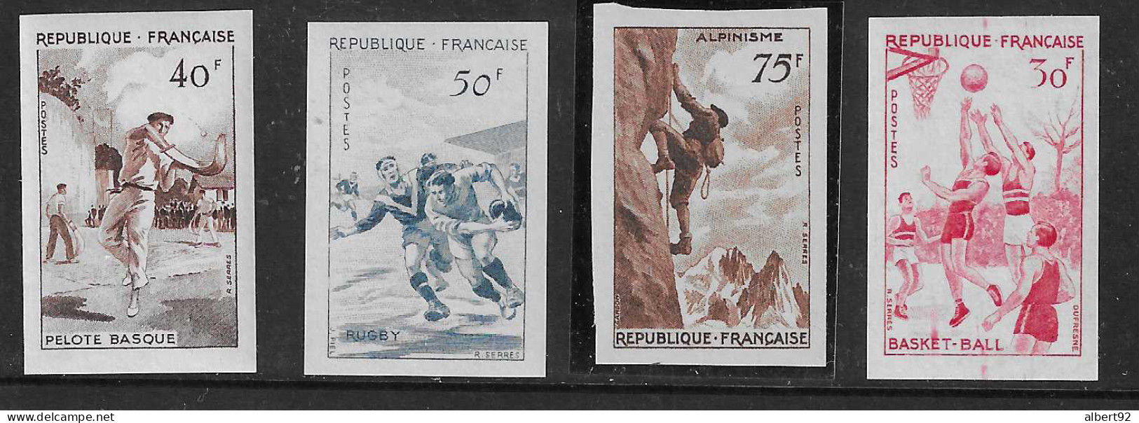 1956 France Y. Et T. 1072/75 Mint Never Hinged Trial Color Imperf. Sport: Basket, Pelote Basque , Rugby, Escalade - Rugby