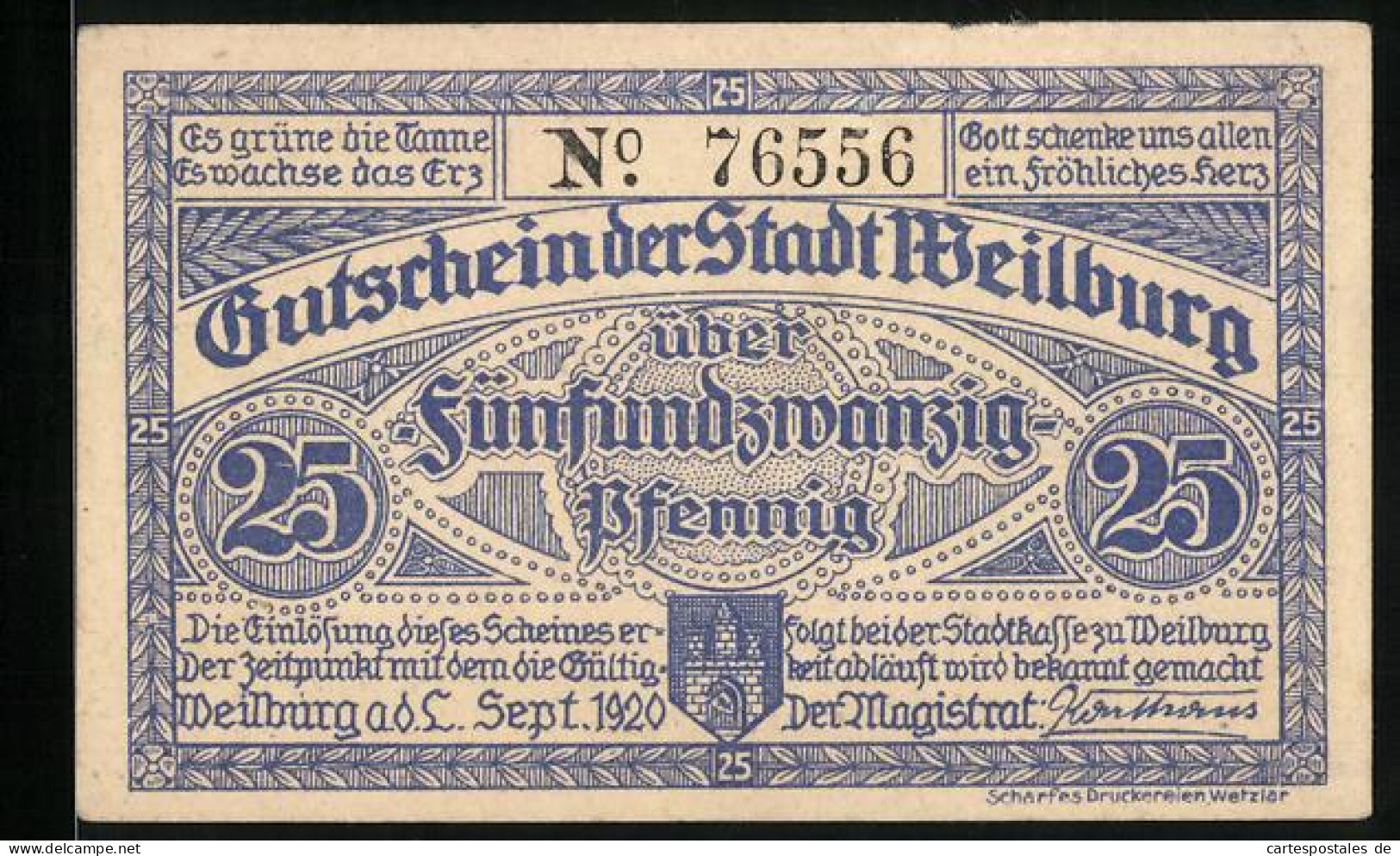 Notgeld Weilburg 1920, 25 Pfennig, Kruppsche Bergverwaltung, Grube Erhaltung  - Lokale Ausgaben