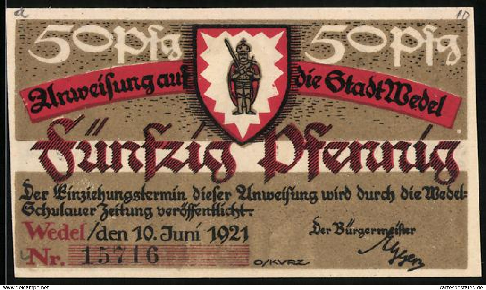 Notgeld Wedel 1921, 50 Pfennig, Die Rolandsstatue Mit Königsinsignien  - Lokale Ausgaben