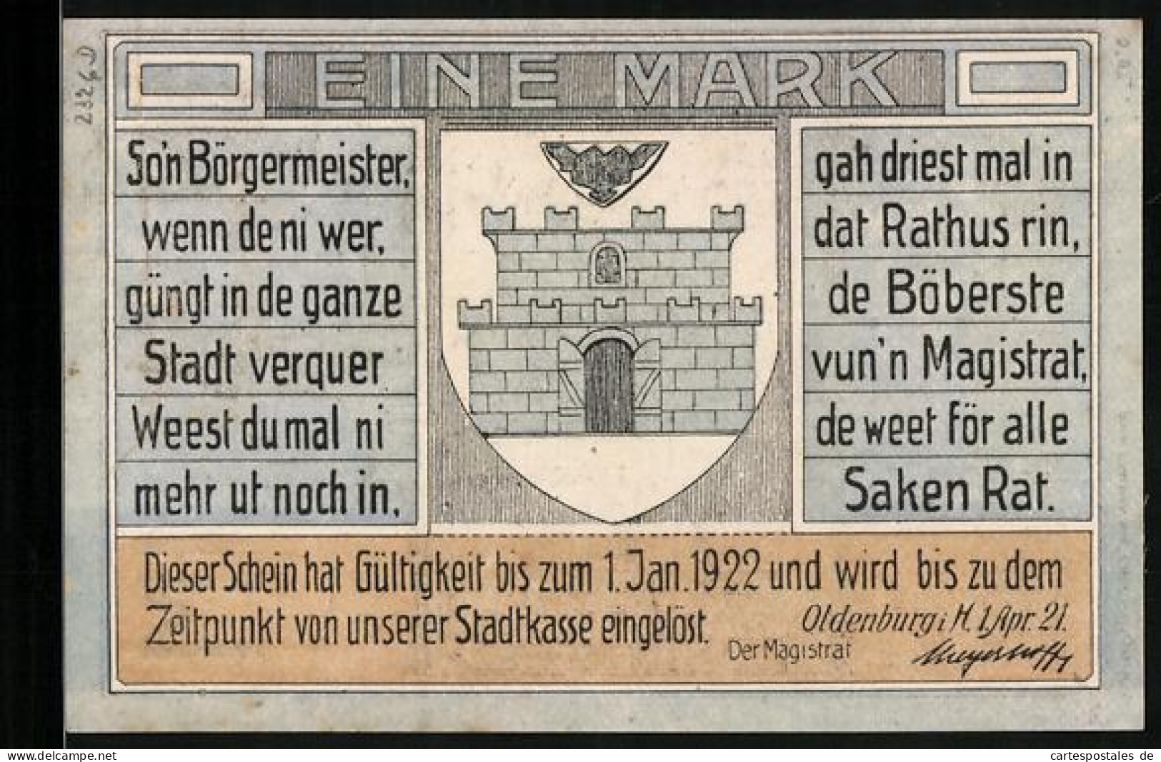 Notgeld Oldenburg I. H. 1921, 1 Mark, Frontalansicht Des Rathauses  - [11] Emissions Locales