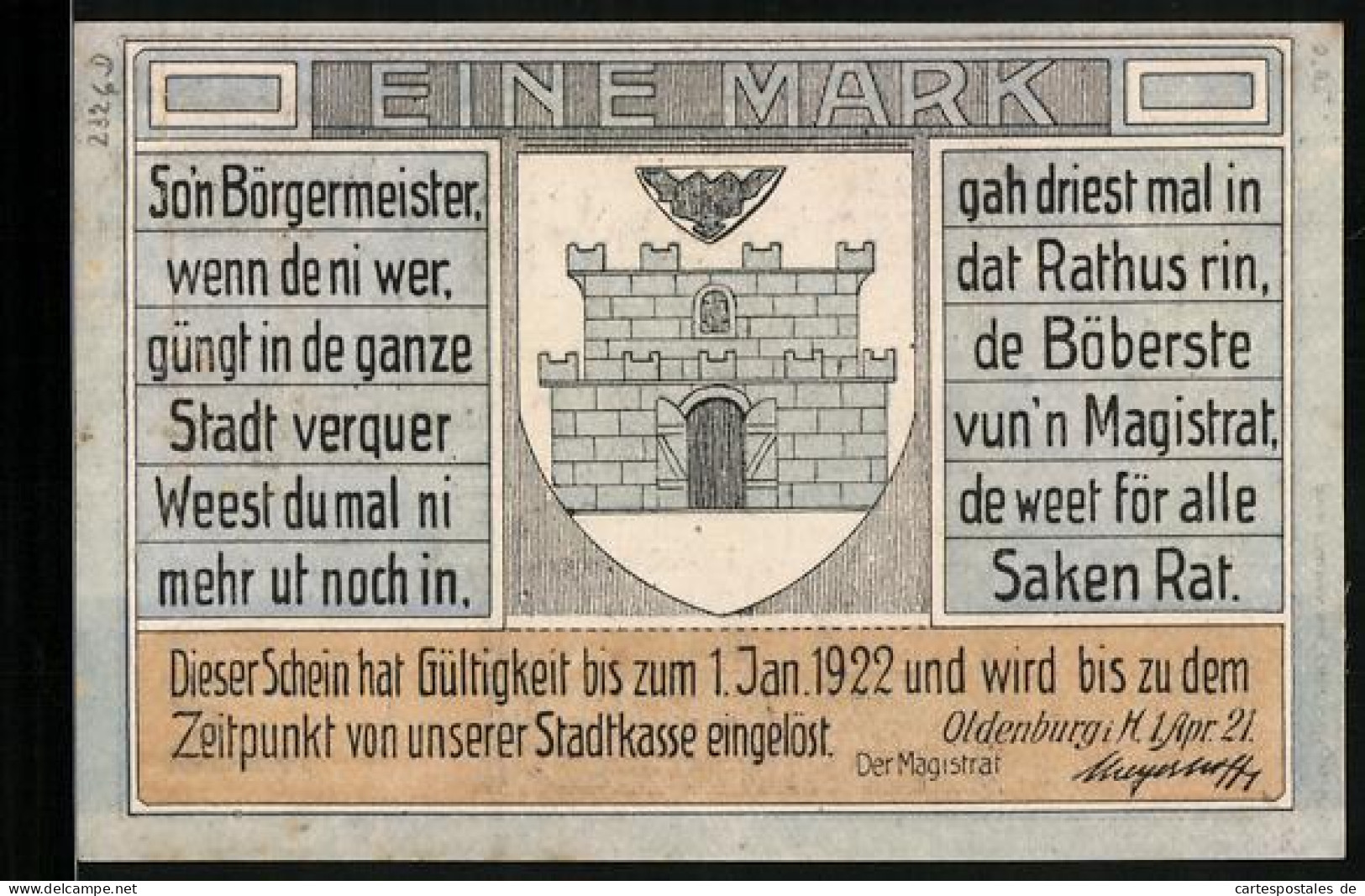 Notgeld Oldenburg I. H. 1921, 1 Mark, Frontalansicht Des Rathauses  - Lokale Ausgaben