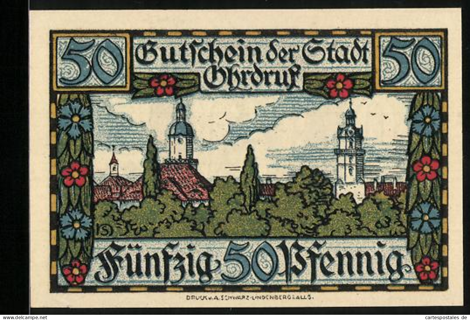 Notgeld Ohrdruf 1921, 50 Pfennig, Ortsansicht Mit Der Kirche  - [11] Lokale Uitgaven
