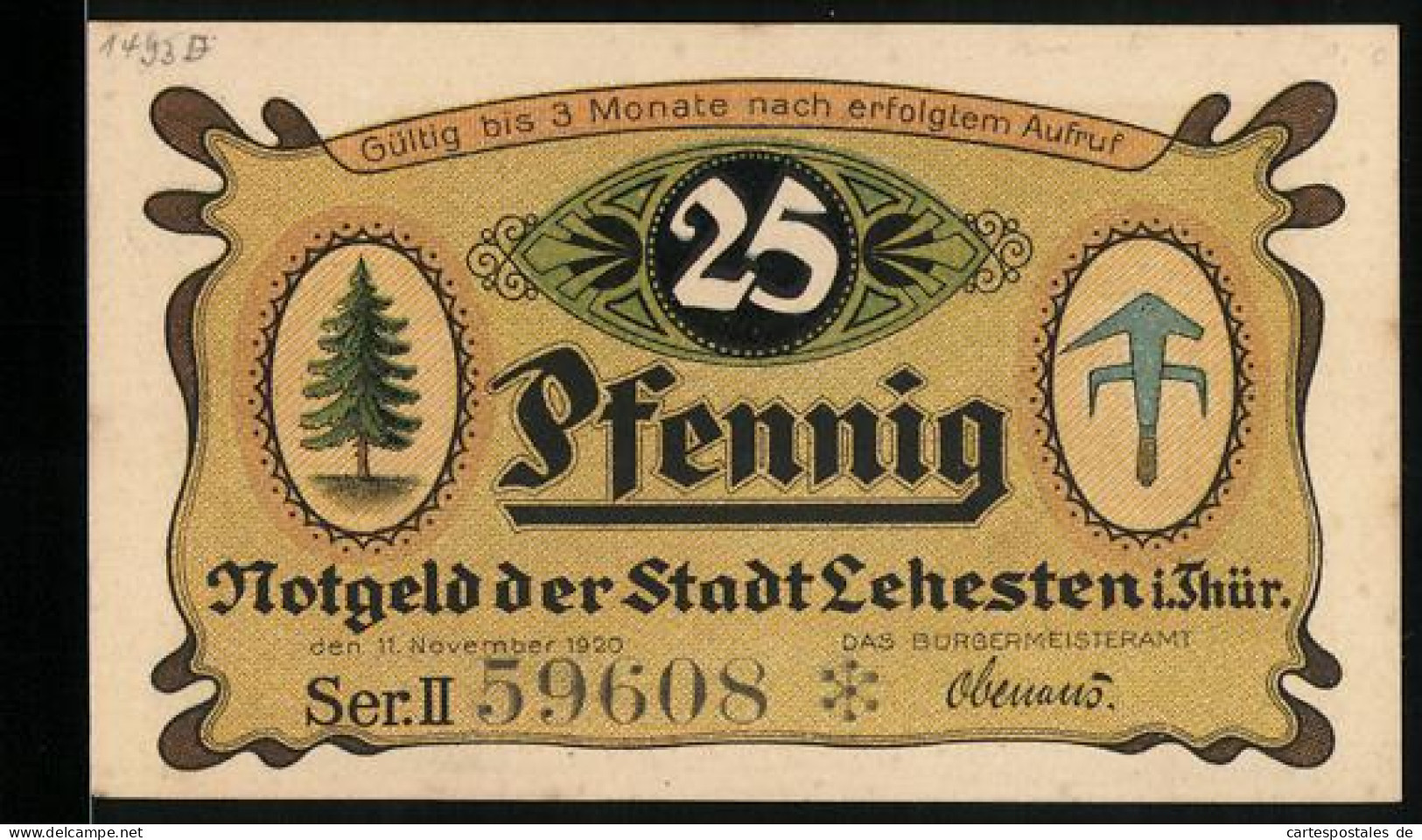 Notgeld Lehesten 1920, 25 Pfennig, Tannenbaum, Kind Mit Tafel  - Lokale Ausgaben