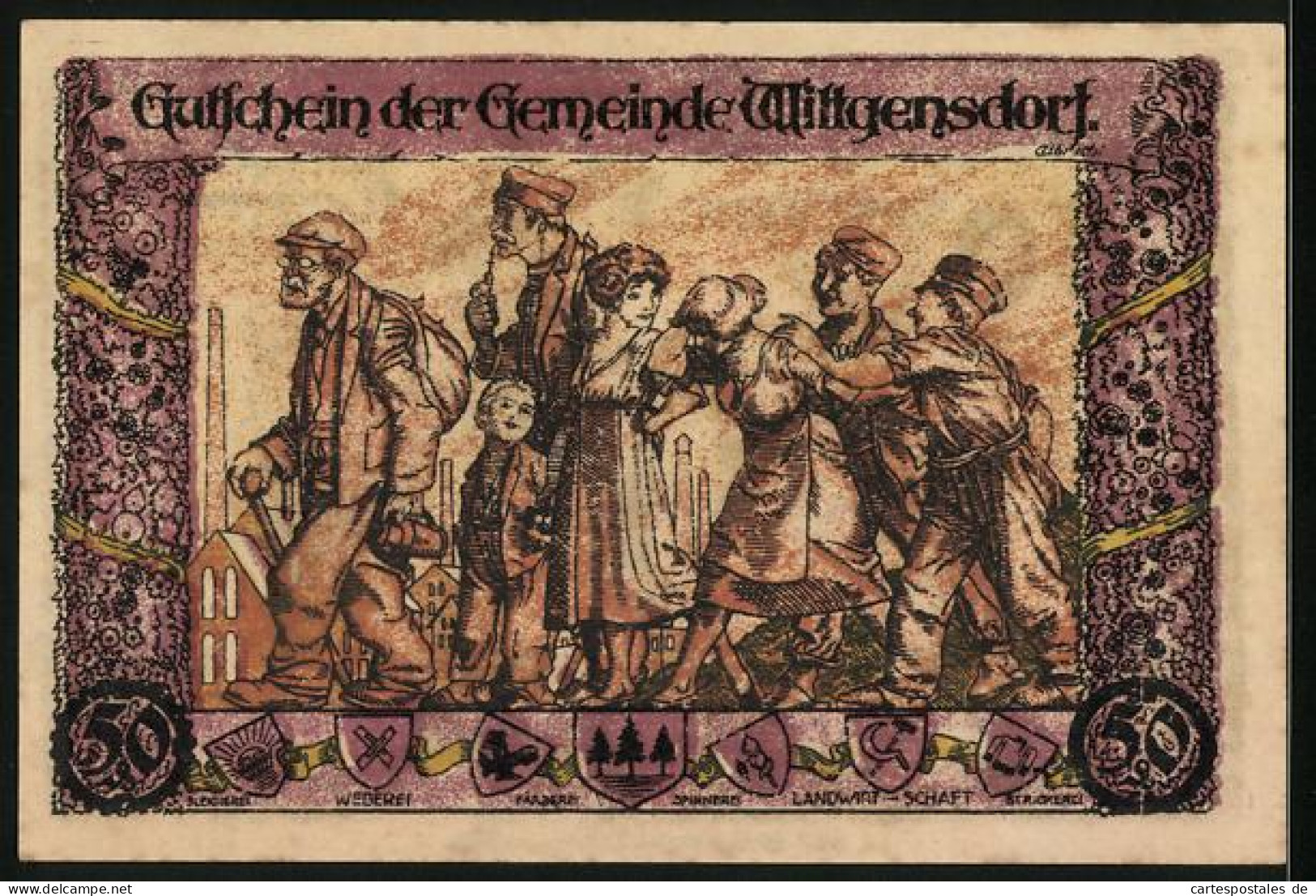 Notgeld Wittgensdorf 1921, 50 Pfennig, Ein Narr Auf Einem Notgeldscheine Ausscheidenden Esel, Arbeiterfamilie  - [11] Emissions Locales