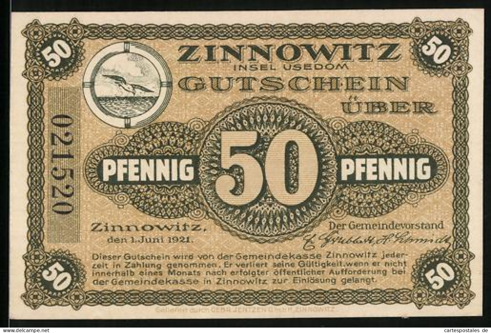 Notgeld Zinnowitz /Usedom 1921, 50 Pfennig, Fähre Am Steg  - [11] Local Banknote Issues