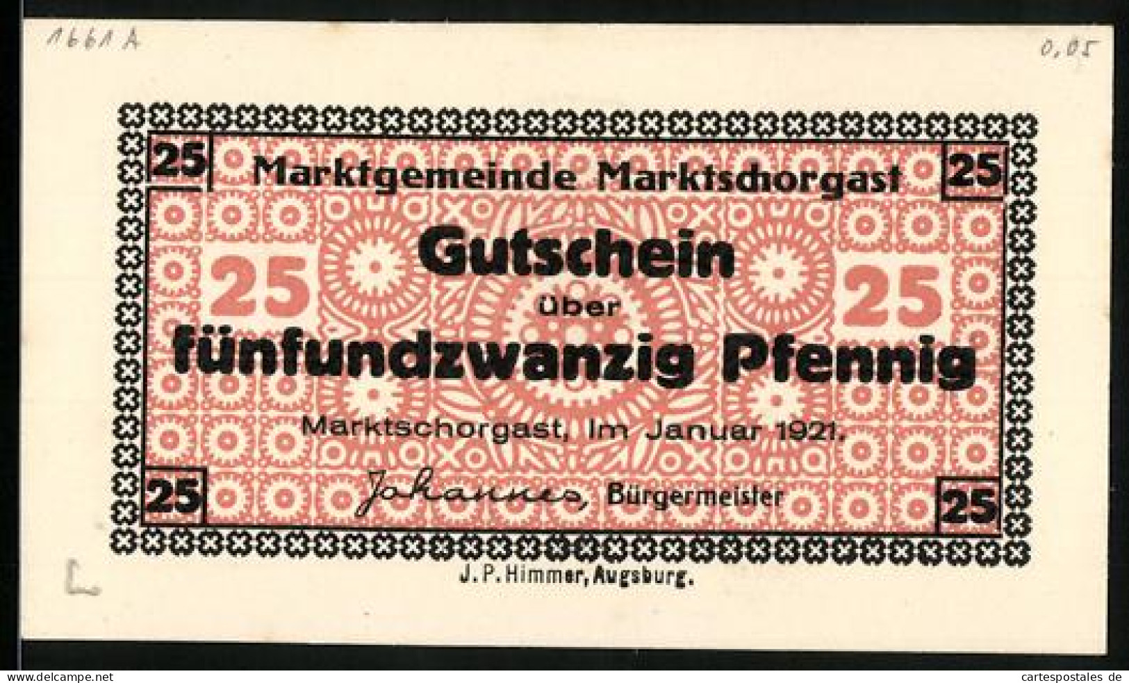 Notgeld Marktschorgast 1921, 25 Pfennig, Text Und Wappen  - Lokale Ausgaben