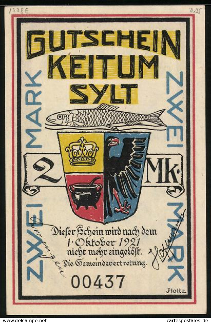 Notgeld Keitum /Sylt 1921, 2 Mark, Stadtwappen, Insel Aus Der Vogelschau  - [11] Emissions Locales
