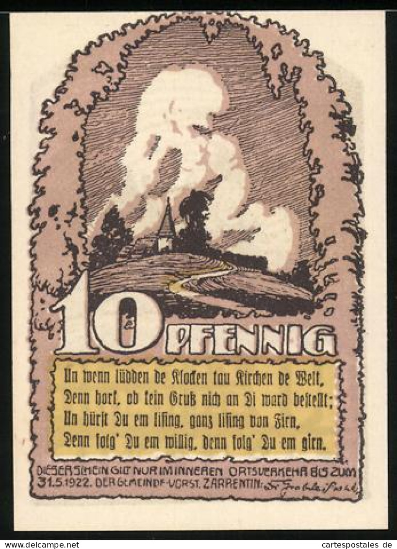 Notgeld Zarrentin 1922, 10 Pfennig, Ortspartie Mit Kirche  - [11] Emissions Locales