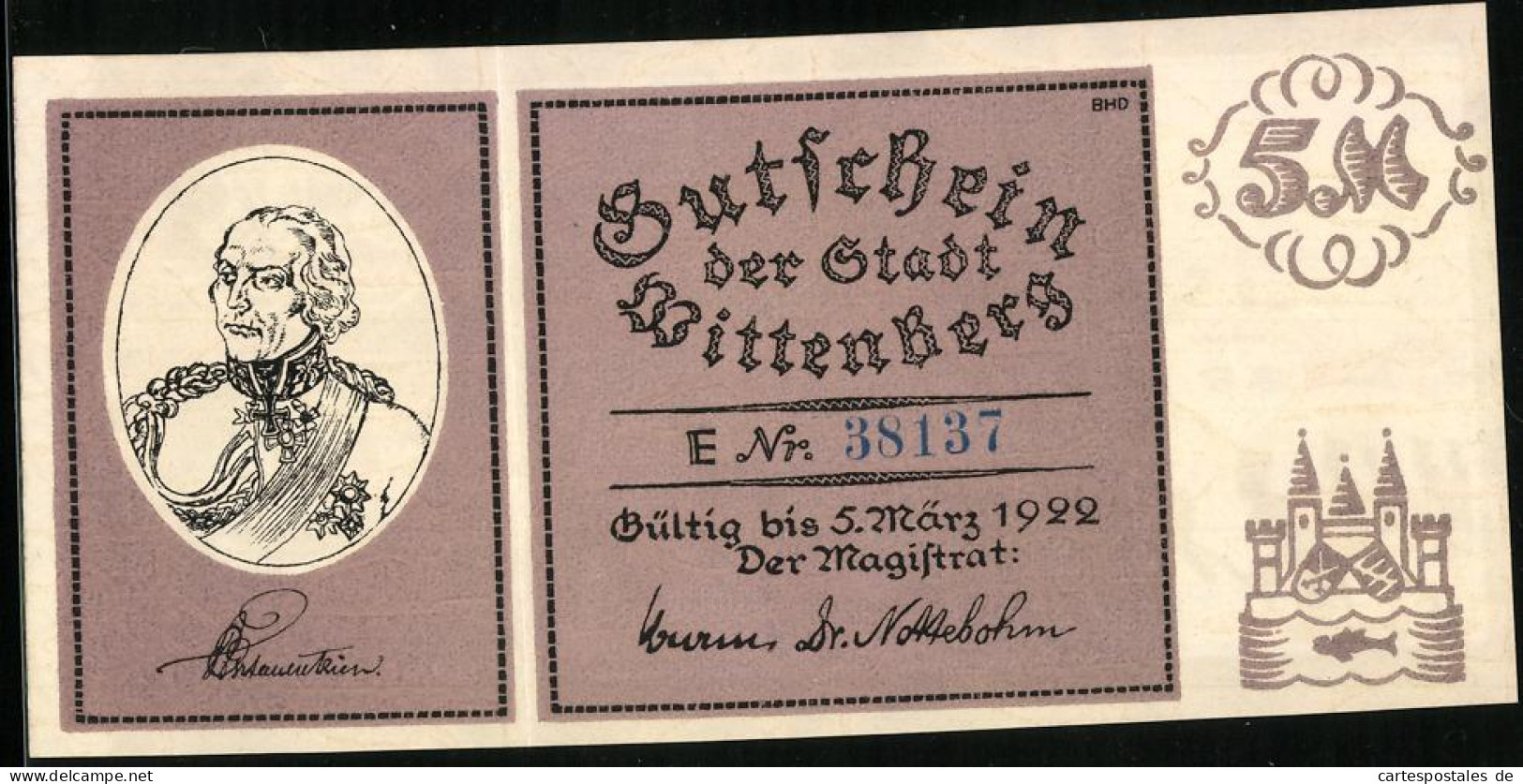 Notgeld Wittenberg 1922, 5 Mark, Wiedereroberung Wittenbergs 1814  - Lokale Ausgaben