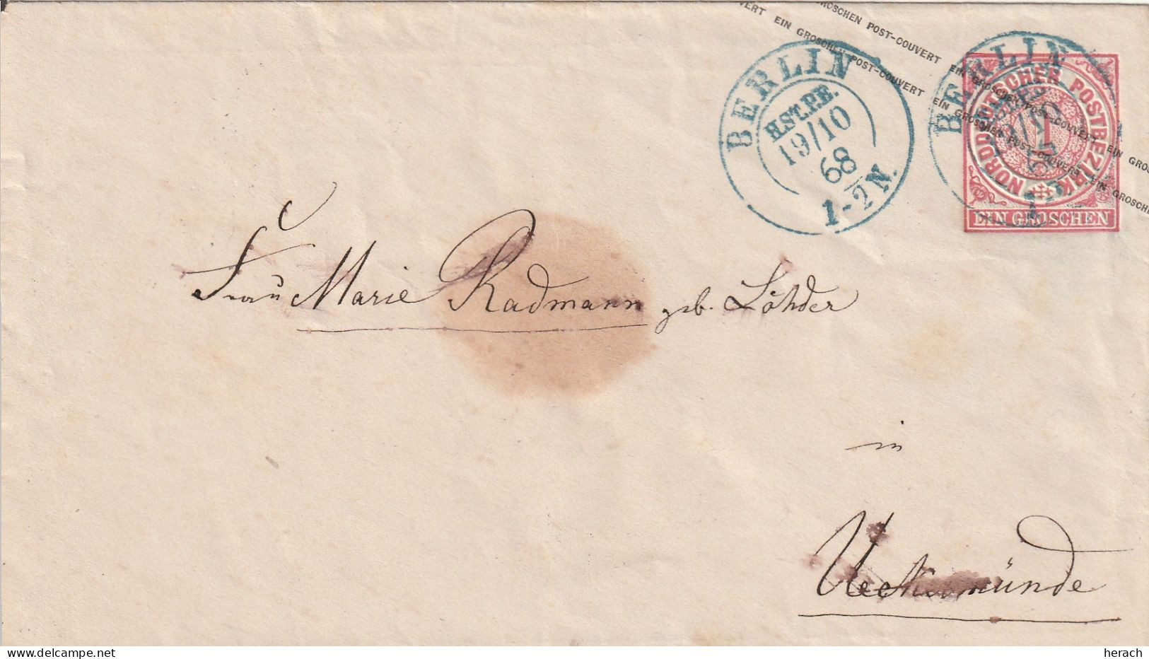 Allemagne Du Nord Cachet Bleu Berlin Sur Entier Postal 1868 - Entiers Postaux