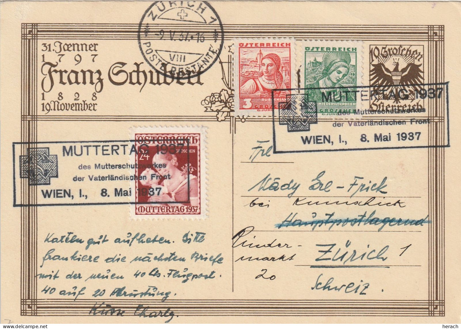 Autriche Cachet Rectangulaire Muttertag Wien Sur Entier Postal Illustré Pour La Suisse 1937 - Cartes Postales