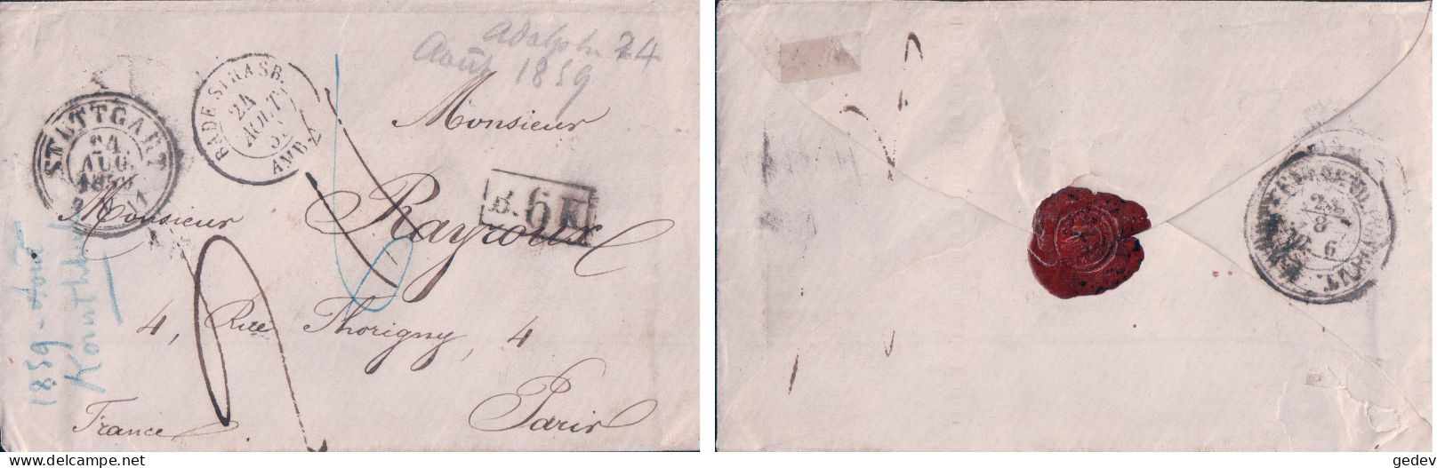 Allemagne Lettre Avec 3 Cachets, Stuttgart, BADE STRASB. / AMB., Griffe Encadrée B.6.K - Paris, 24 Aout 1859 - Briefe U. Dokumente