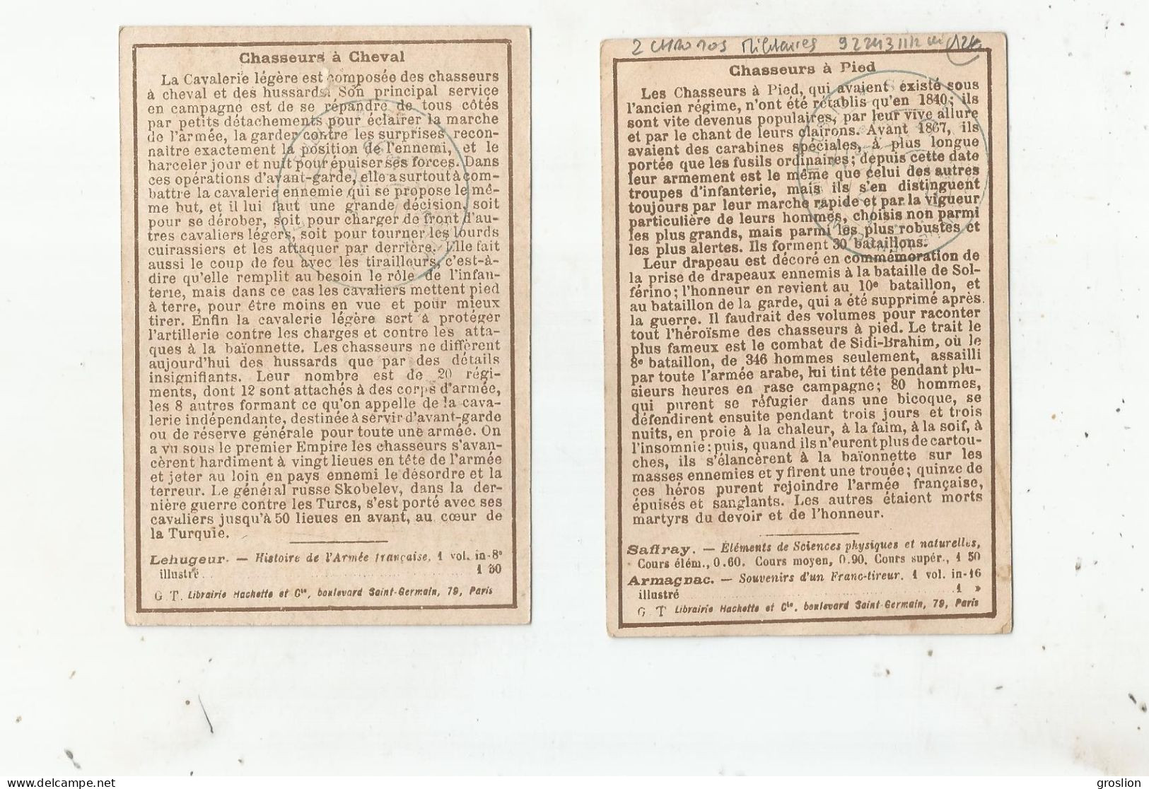 2 CHROMOS AVEC MILITAIRES FRANCAIS (CHASSEURS A PIED) ET (CHASSEURS A CHEVAL) - Altri & Non Classificati