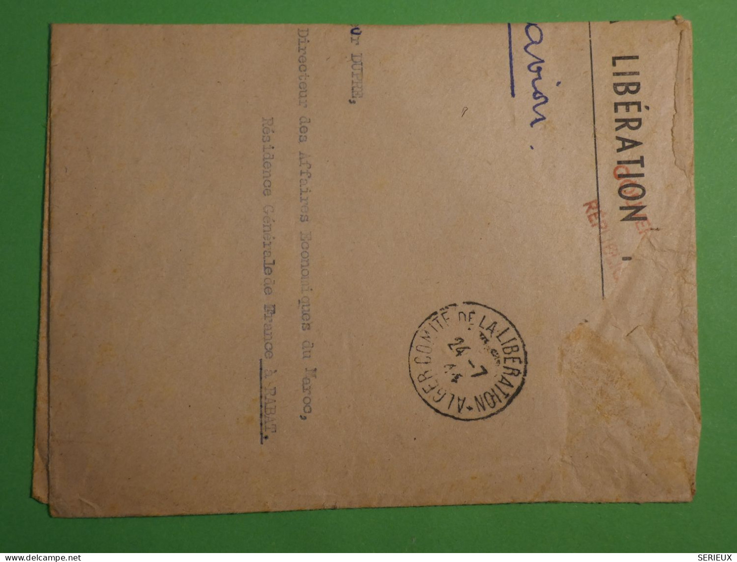 DN10 ALGERIE   LETTRE G. PROVISOIRE COMITE FRANCAIS  1944 ALGER  A  CASABLANCA MAROC    + AFF.  INTERESSANT++ - Covers & Documents