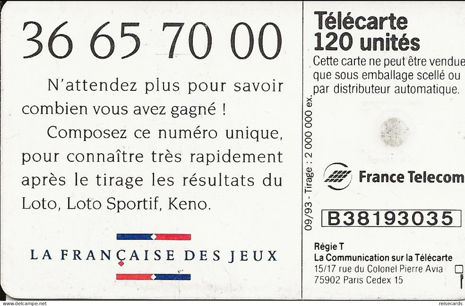 France: France Telecom 09.93 F420 Loto Sportif - 1993