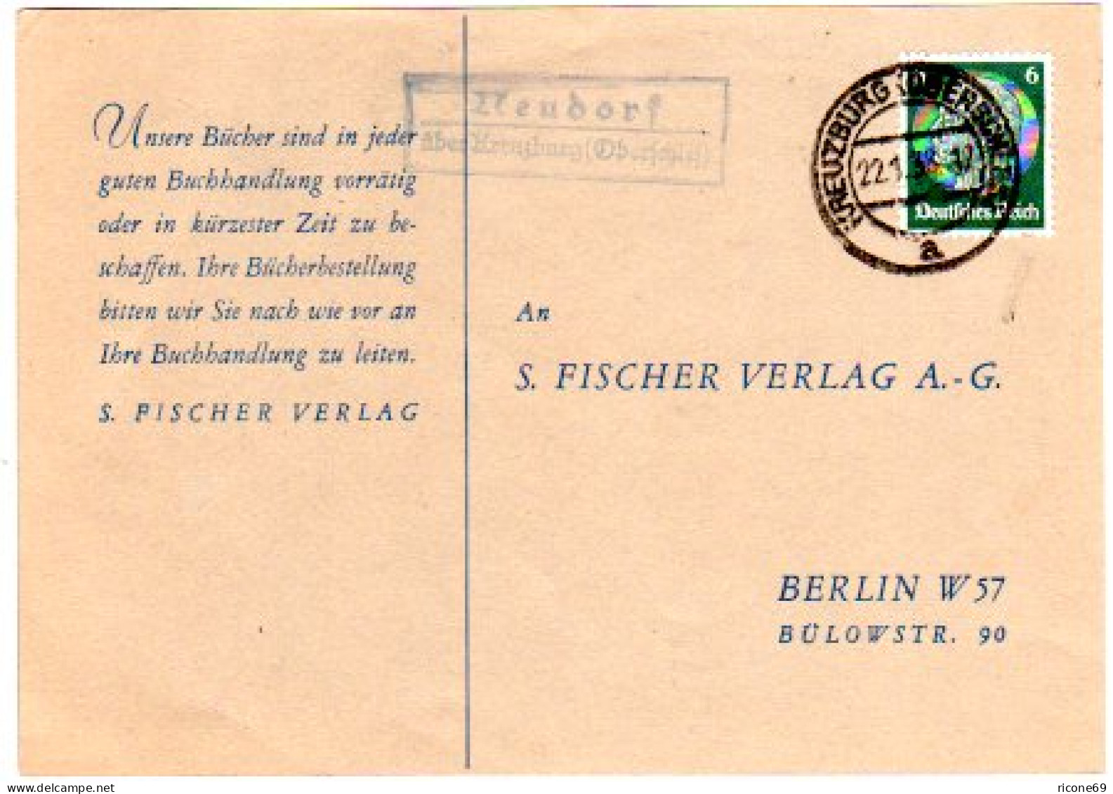 DR 1938, Landpost Stpl. NEUDORF über Kreuzberg Auf Karte M. 6 Pf.  - Lettres & Documents