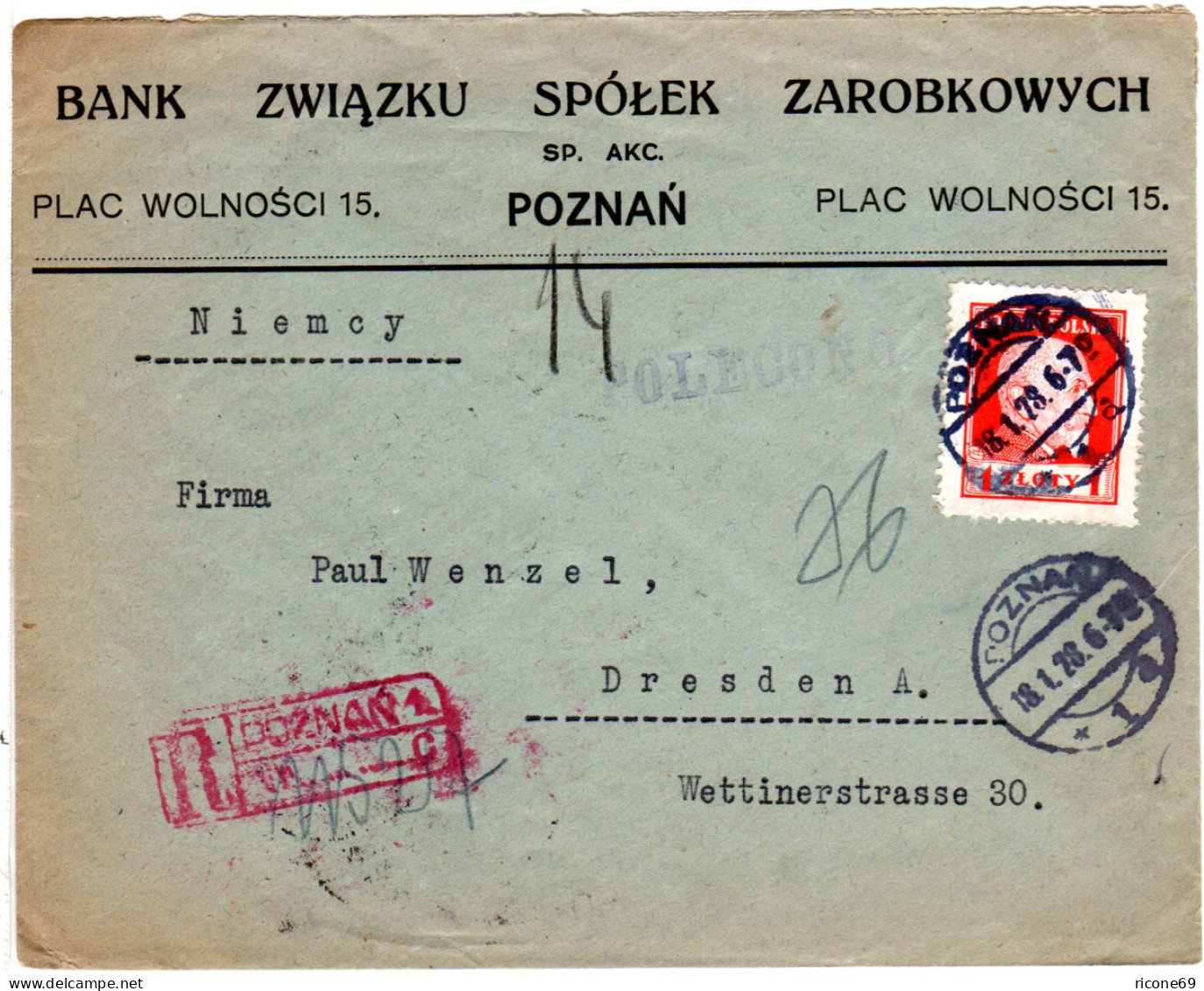 Polen 1928, 1 Zl. Auf Firmen Einschreiben Brief V. Poznan N. Deutschland. - Briefe U. Dokumente