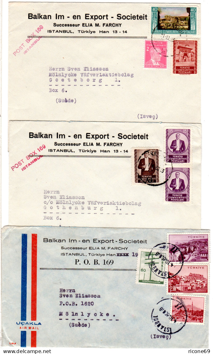 Türkei 1952/60, 3 Firmen Briefe M. Versch. Frankaturen V. Istanbul N. Schweden - Covers & Documents