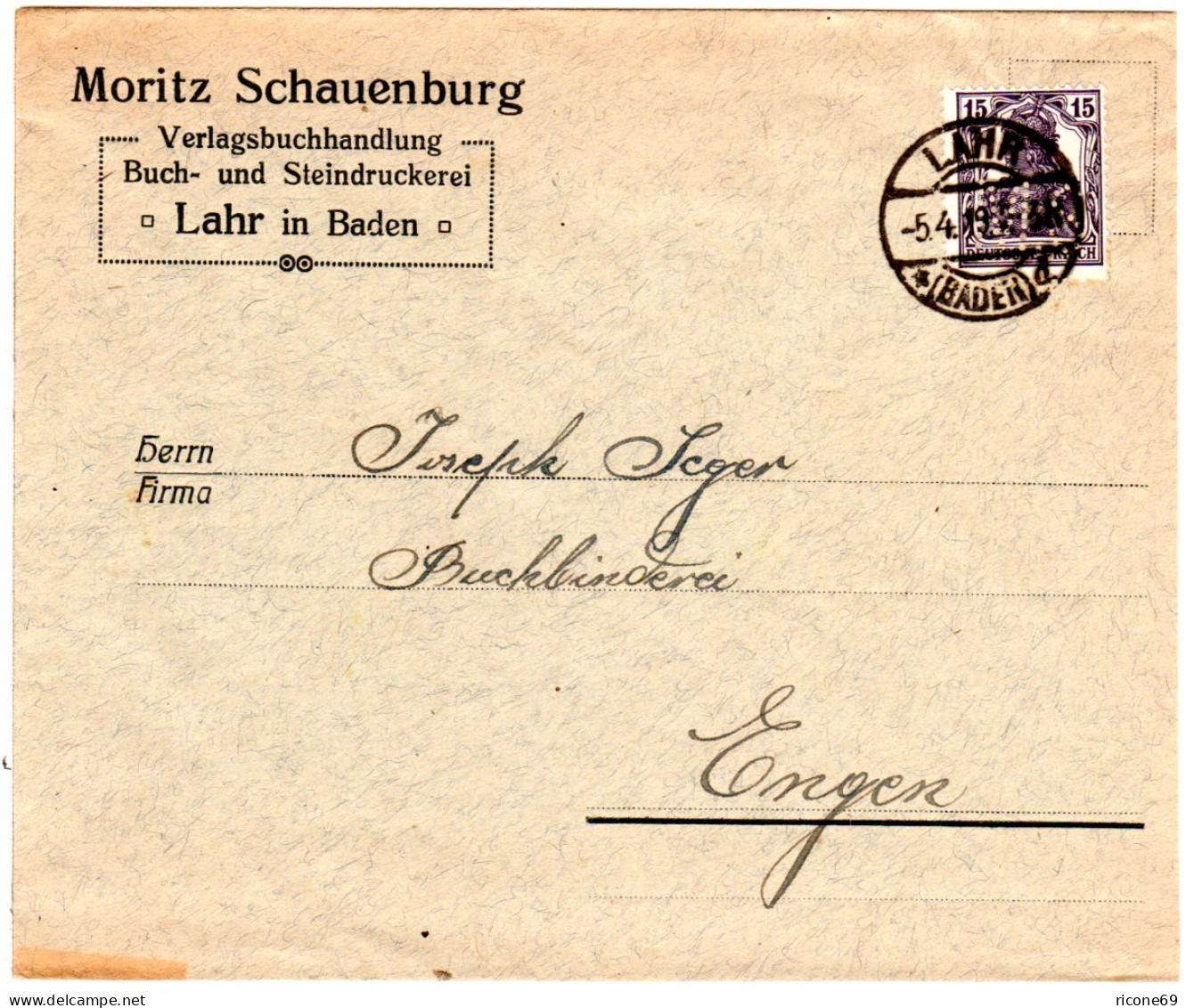 DR 1919, 15 Pf. Germania M. Perfin Auf Firmen Brief V. Lahr. - Otros & Sin Clasificación