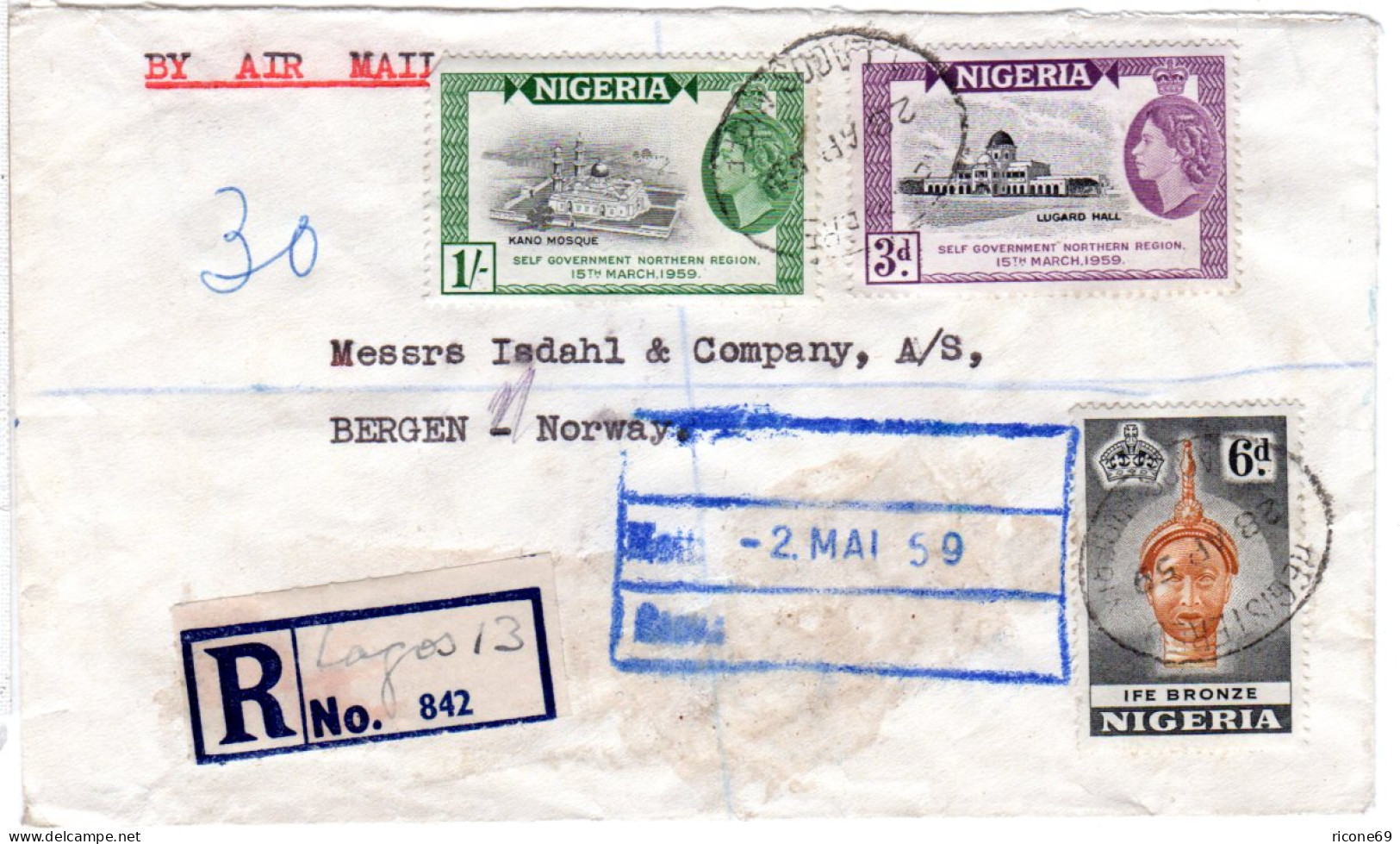 Nigeria 1959, 3+6d+1 Sh. Auf Luftpost Einschreiben Brief V. Lagos N. Norwegen - Nigeria (1961-...)