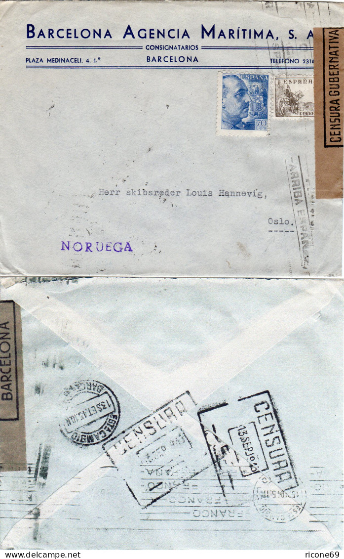 Spanien 1945, 70+15 C. Auf Firmen Zensur Brief V. Barcelona N. Oslo, Norwegen - Covers & Documents