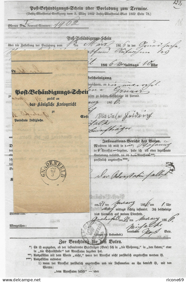 Preussen 1866, Gedruckter Post Behändigungs Schein M. Klarem K2 Gnadenfeld.  - Lettres & Documents