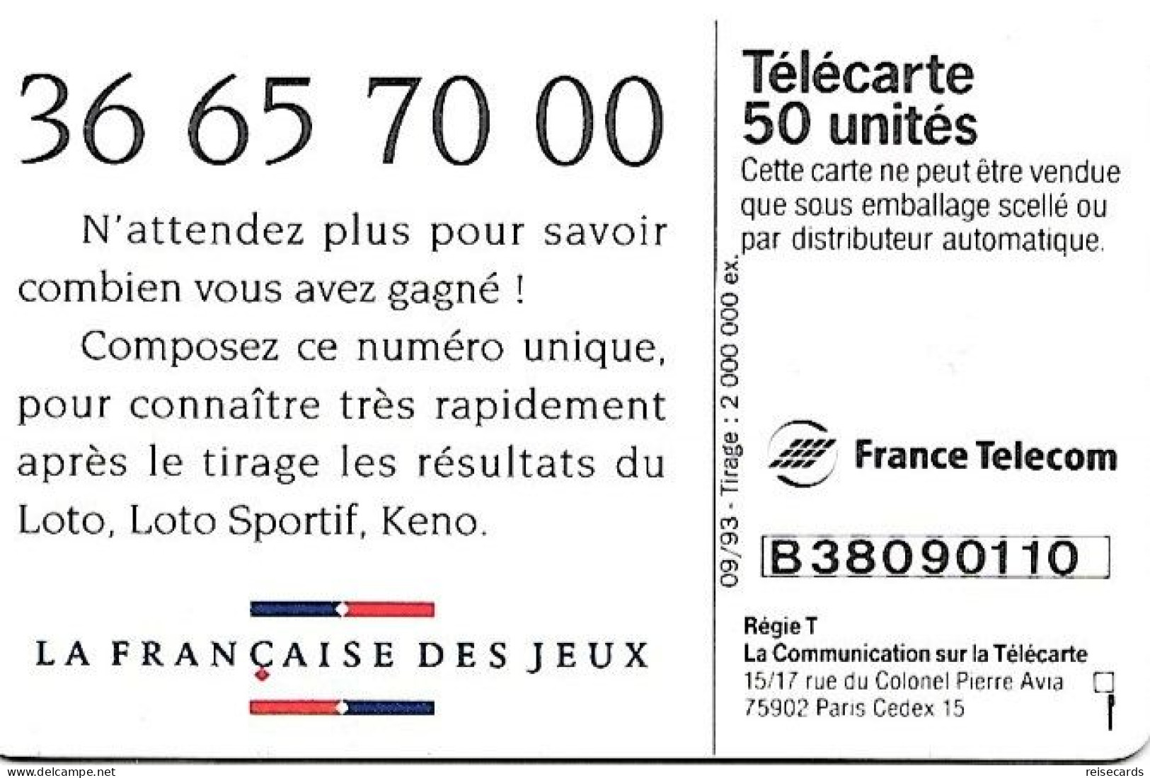 France: France Telecom 09.93 F419 Loto Sportif - Football - 1993