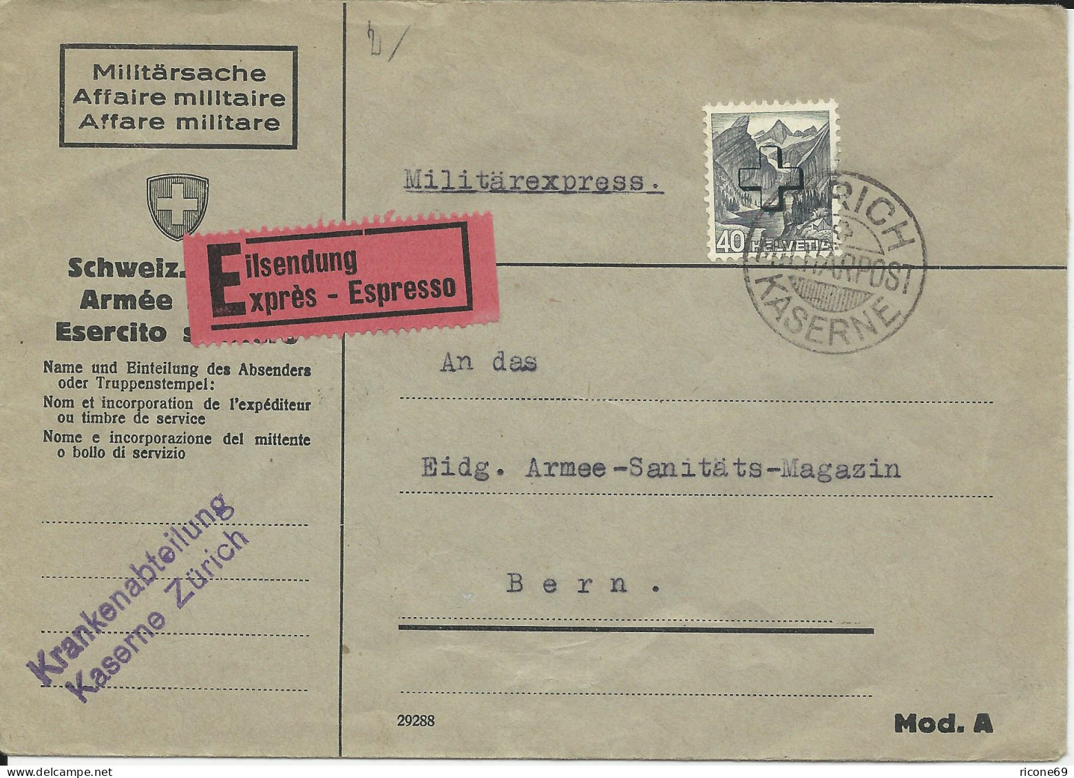 Schweiz 1940, EF 40 C. Kreuz Auf Militärpost Eilboten Brief V. Zürich Kaserne - Autres & Non Classés
