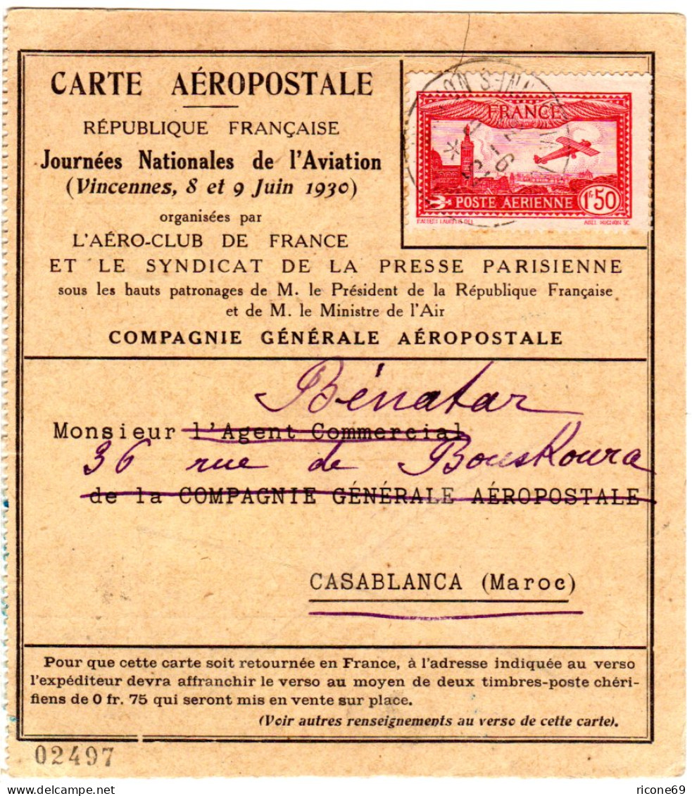 Frankreich 1930, 1,50 F. Poste Aerienne Auf Carte Aèropostal Vincennes-Marokko - Altri & Non Classificati