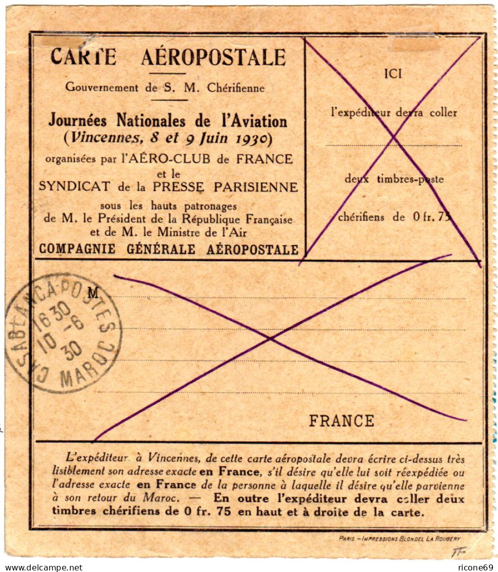 Frankreich 1930, 1,50 F. Poste Aerienne Auf Carte Aèropostal Vincennes-Marokko - Otros & Sin Clasificación