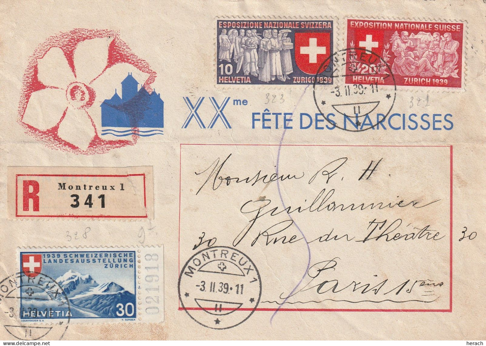 Suisse Lettre Recommandée Montreux Pour La France 1939 - Marcophilie