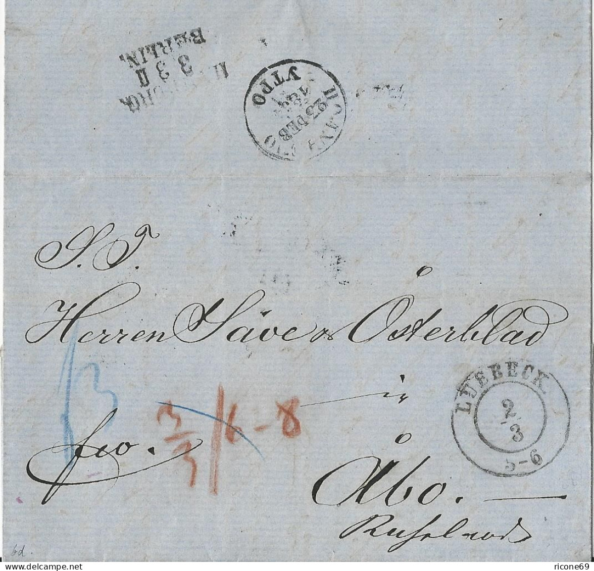 Lübeck 1854, Franko Brief M. K2 U. Rs. Bahnpost Nach Finnland! #2606 - Luebeck