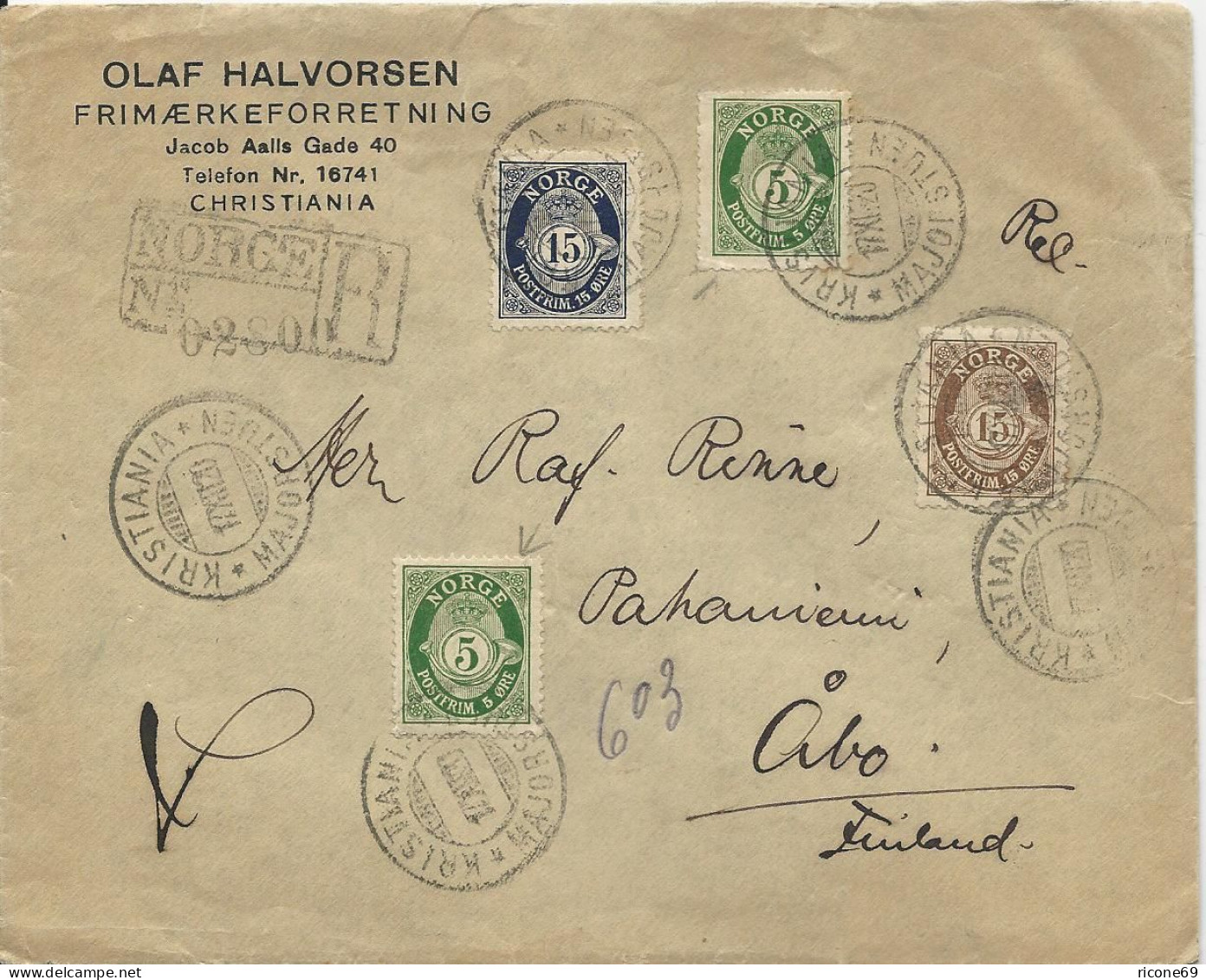 Norwegen 1920, Mischfrankatur 15+15 Auf Einschreiben Brief N. Finnland. #3024 - Sonstige & Ohne Zuordnung
