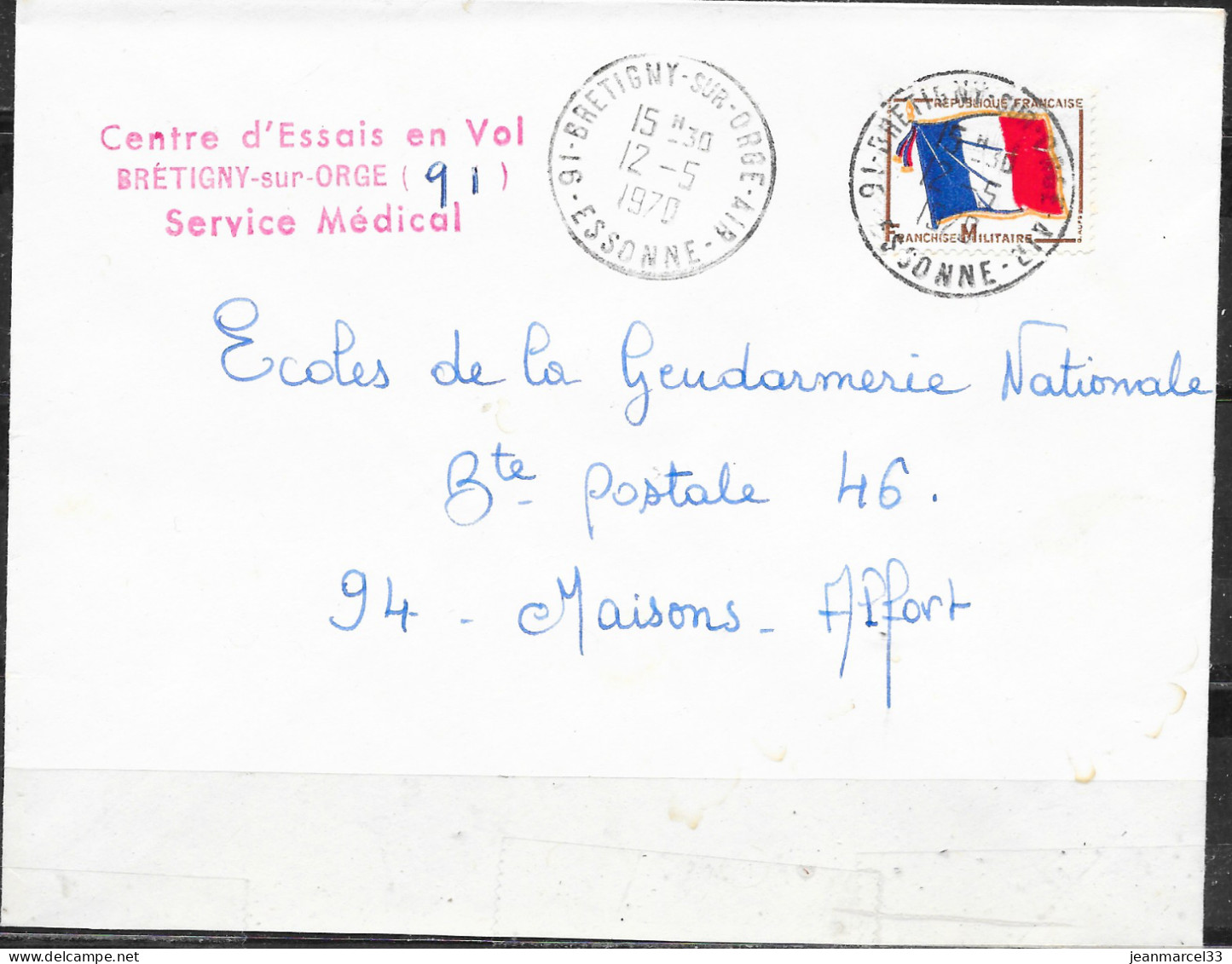 Cachet Manuel 91-Bretigny-sur-Orge-Air I2-5 I970 Sur Timbre FM Drapeau Tricolore - Military Airmail