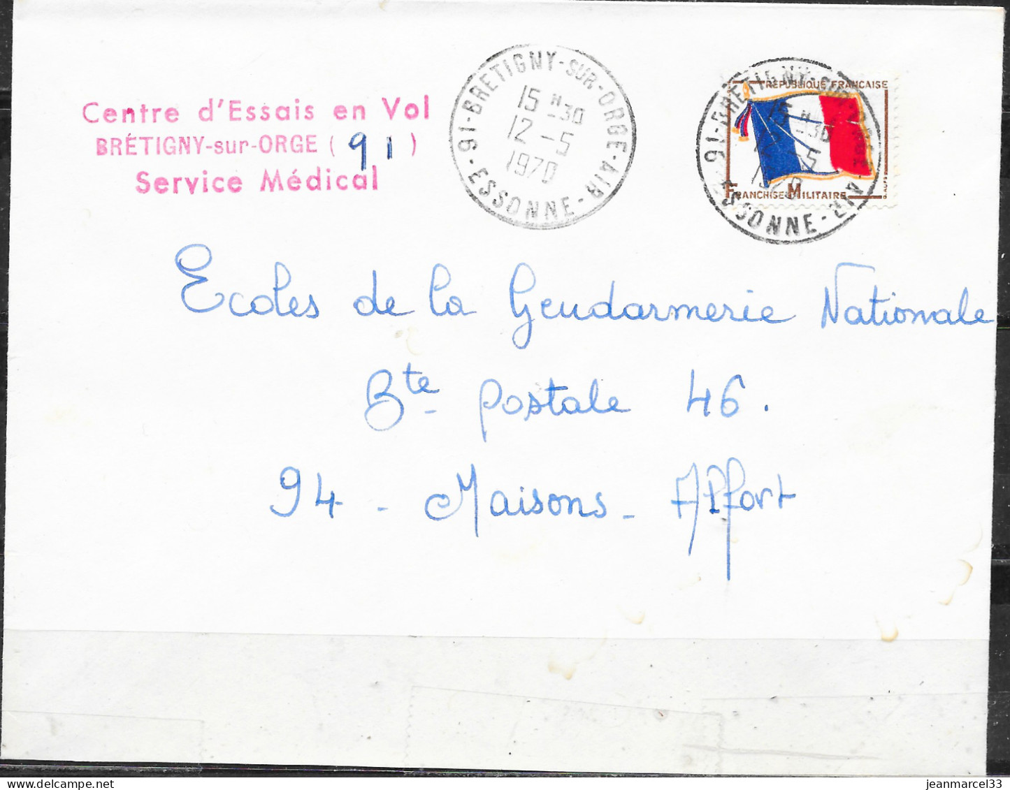 Cachet Manuel 91-Bretigny-sur-Orge-Air I2-5 I970 Sur Timbre FM Drapeau Tricolore - Correo Aéreo Militar