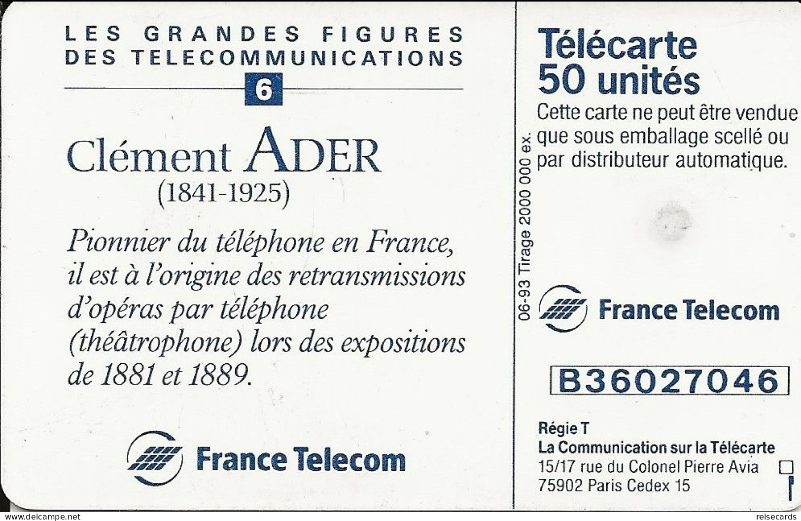 France: France Telecom 06.93 F391a Les Grandes Figures, Clément Ader - 1993