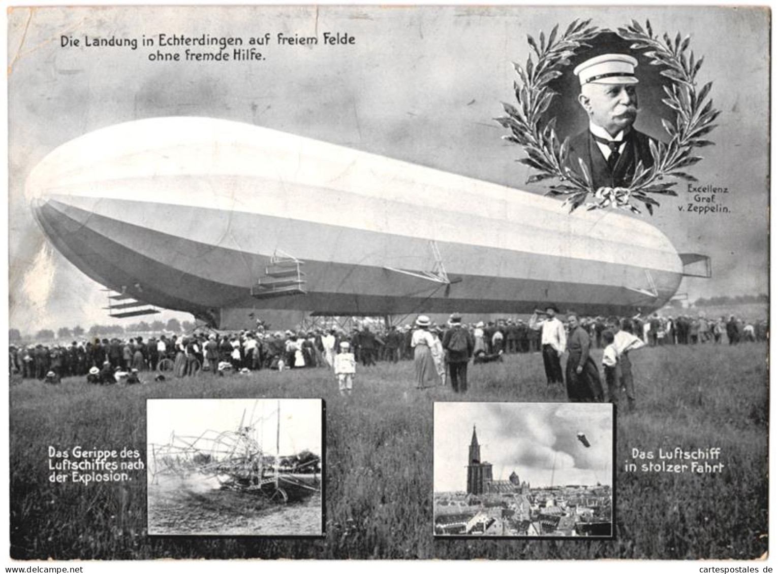 Riesen-AK Echterdingen, Zeppelin - Luftschiff Landung, Portrait Graf Zeppelin, Zeppelin über Der Stadt & Nach Explosi  - Zeppeline