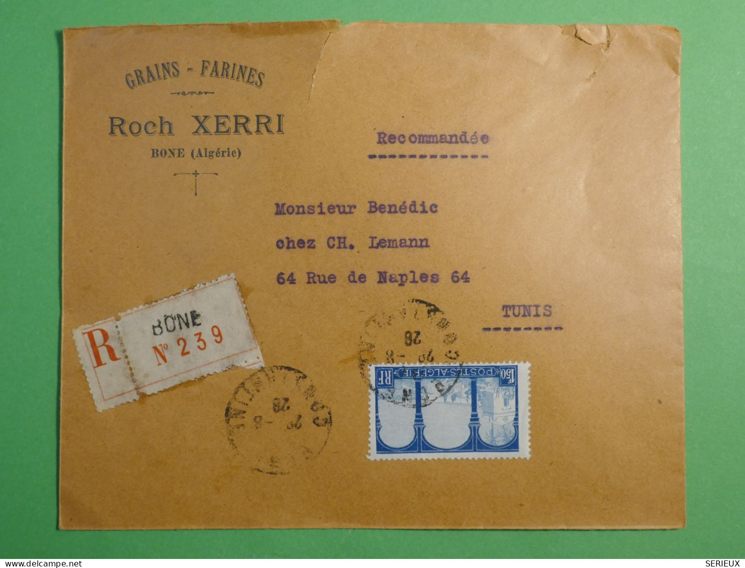 DN10 ALGERIE   LETTRE RECO PRIVEE   1928 BONE   A TUNIS   + AFF.  INTERESSANT++ - Covers & Documents