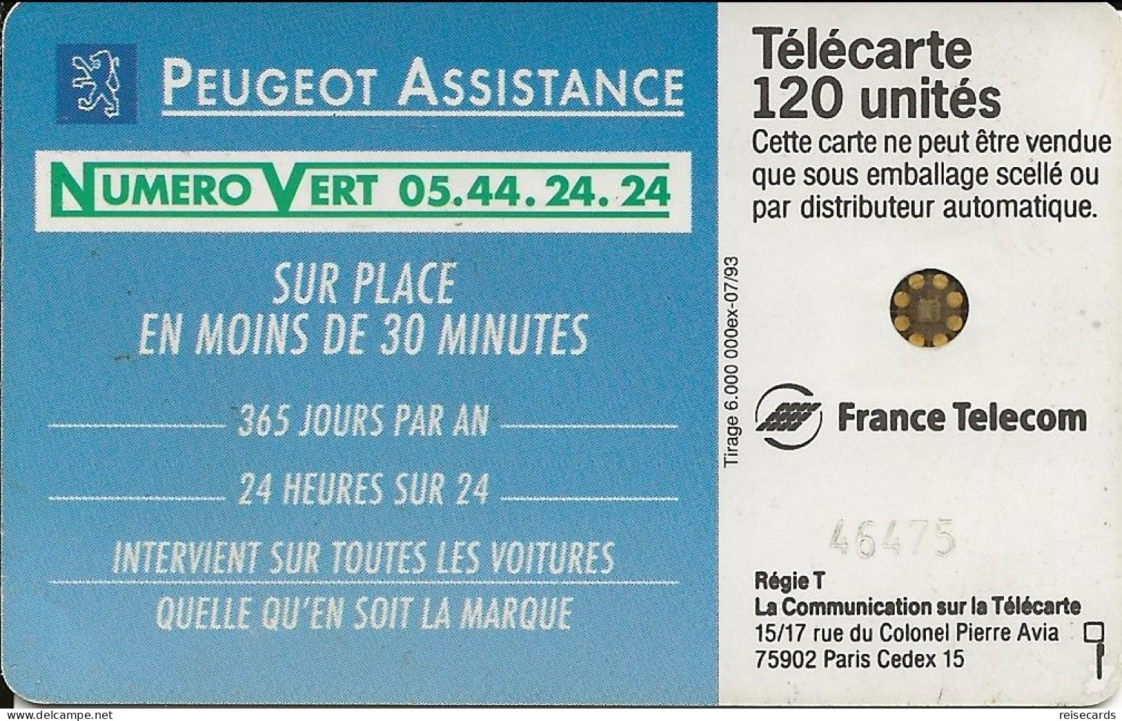 France: France Telecom 07.93 F388A Peugeot Assistance - 1993