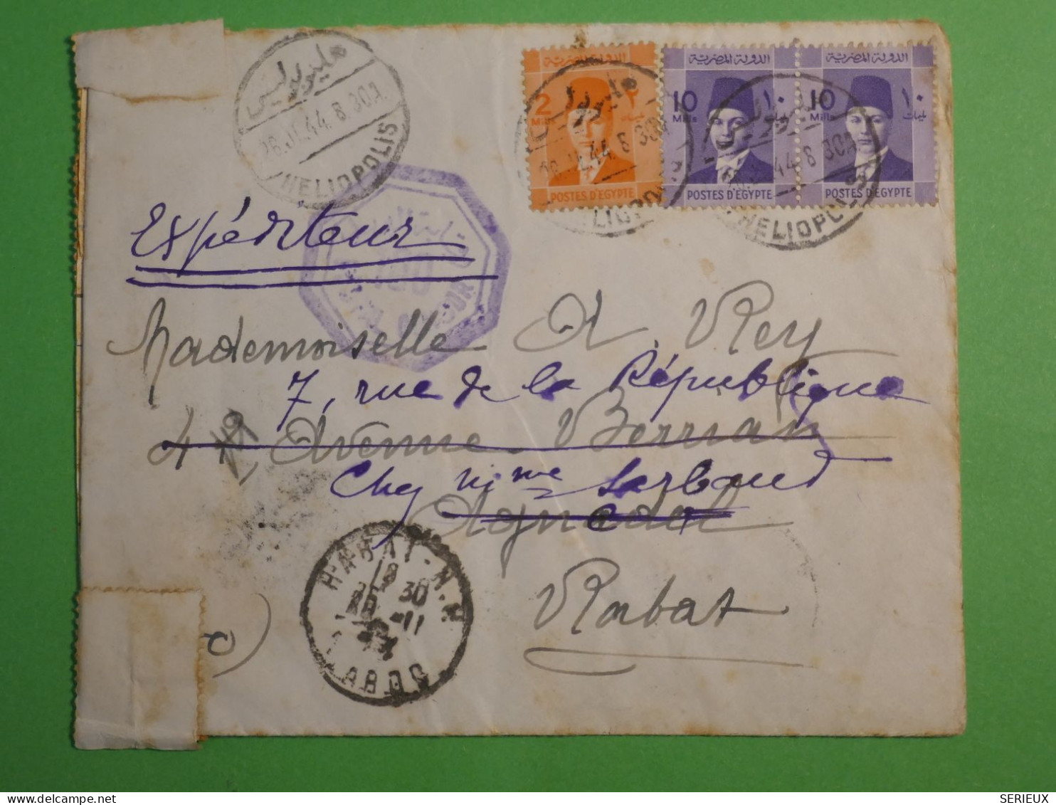 DN10 EGYPTE BELLE   LETTRE  CENSUREE  RARE 1928 HELIOPOLIS A RABAT MAROC  REDISTR. +TAXES++ AFF.  INTERESSANT++ - Briefe U. Dokumente