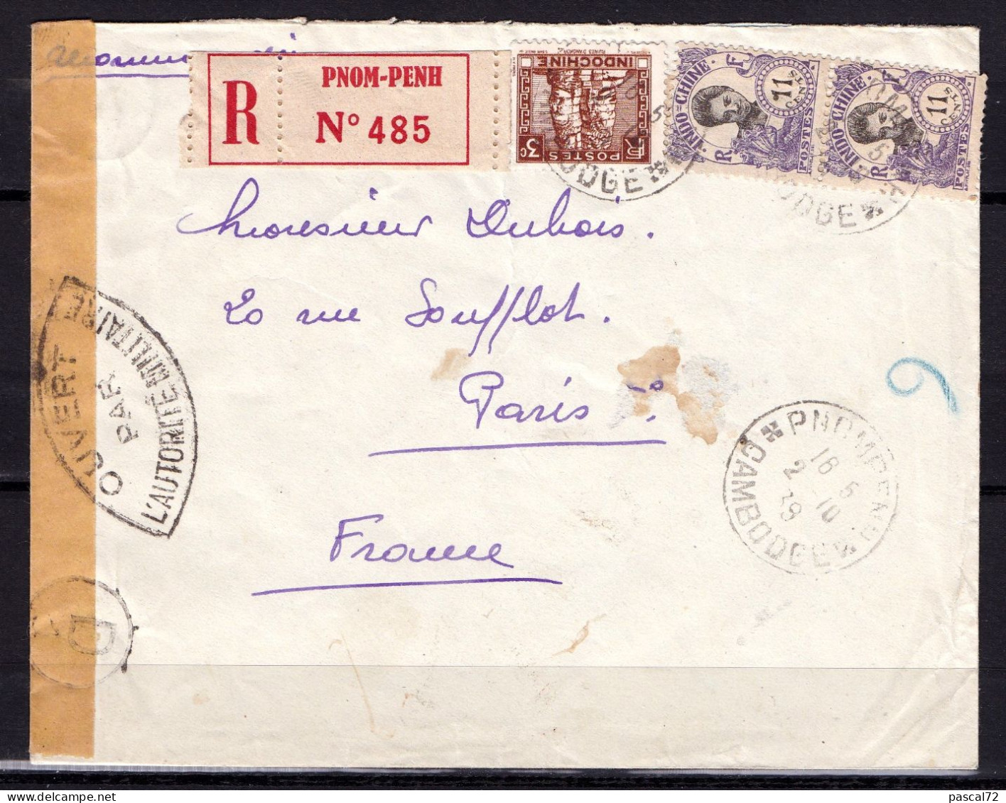 1939 INDOCHINE CAMBODGE PNOM-PENH LETTRE RECOMMANDÉE RARES CACHETS CENSURE MILITAIRE - Lettres & Documents