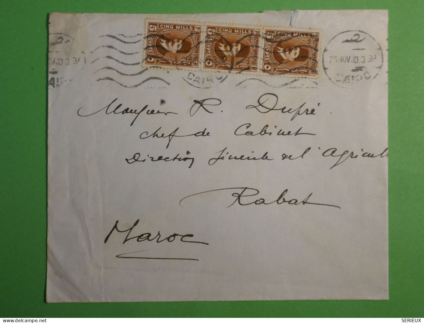 DN10 EGYPTE BELLE   LETTRE   1930 LE CAIRE  A RABAT MAROC +BANDE VERT. DE 3 TP ++ + AFF.  INTERESSANT++ - Cartas & Documentos