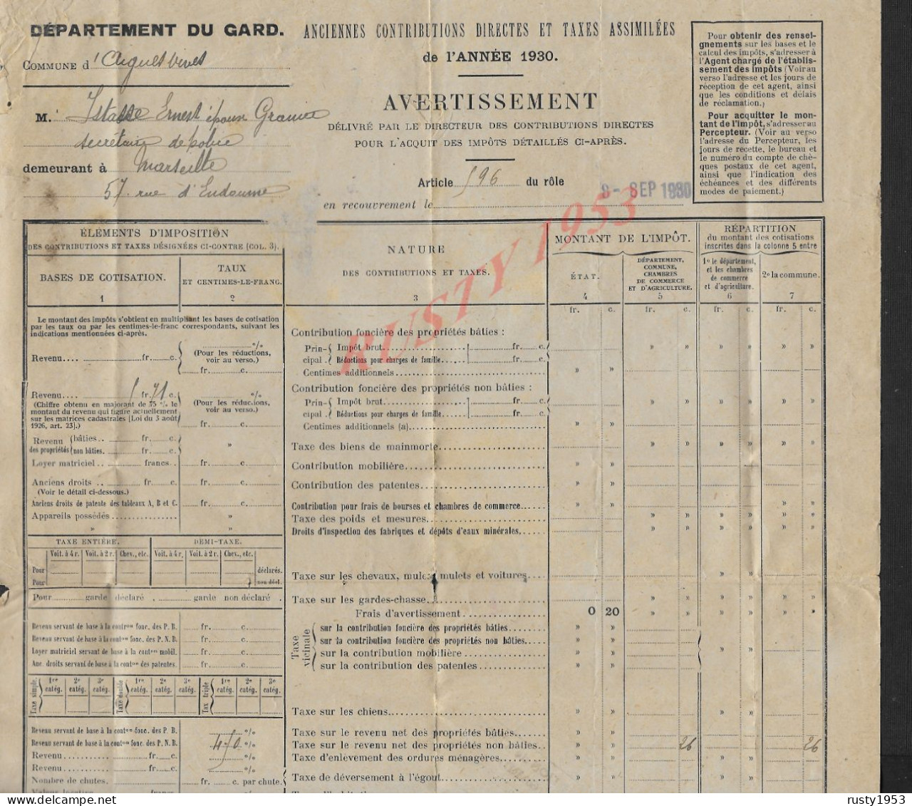 DEPARTEMENT DU GARD TAXES ASSIMILÉES ANNÉE 1930 SUR TIMBRE DE Mr ISTASSE DEMEURANT À MARSEILLE CACHET PERCEPTION VERGÈZE - Storia Postale