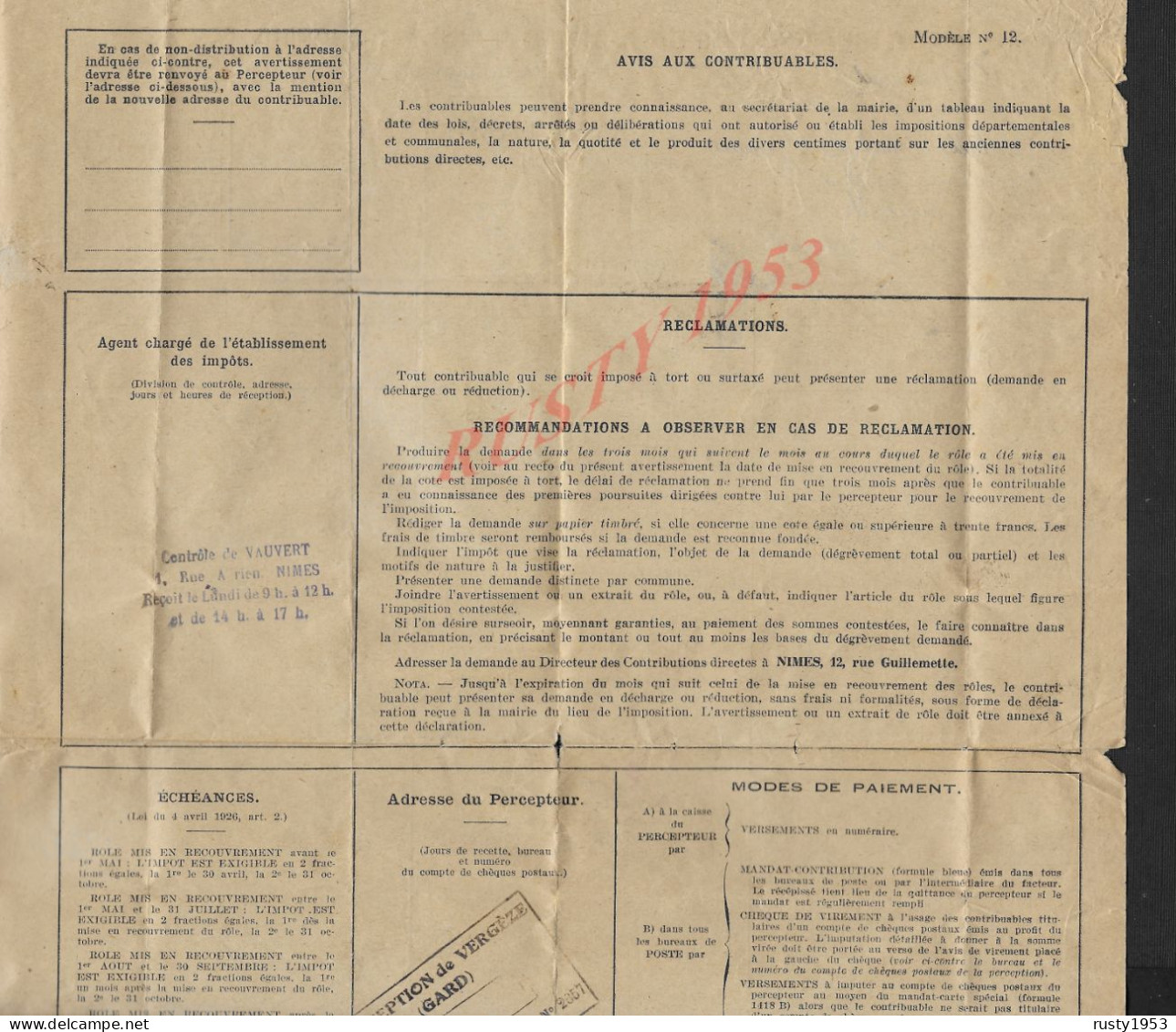 DEPARTEMENT DU GARD TAXES ASSIMILÉES ANNÉE 1930 SUR TIMBRE DE Mr ISTASSE DEMEURANT À MARSEILLE CACHET PERCEPTION VERGÈZE - Storia Postale