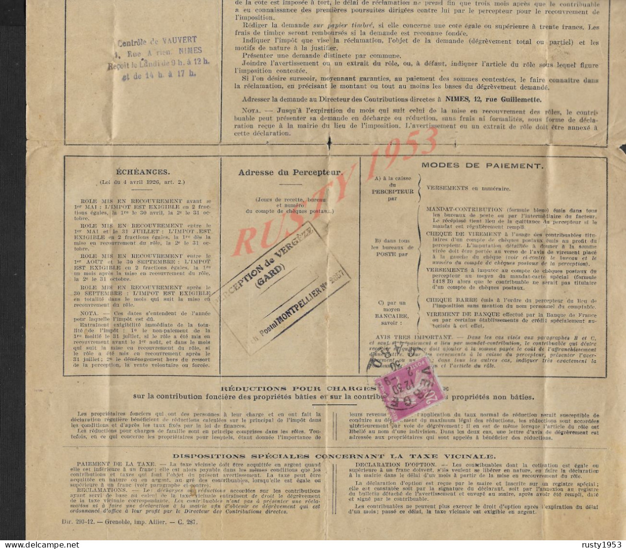 DEPARTEMENT DU GARD TAXES ASSIMILÉES ANNÉE 1930 SUR TIMBRE DE Mr ISTASSE DEMEURANT À MARSEILLE CACHET PERCEPTION VERGÈZE - Storia Postale